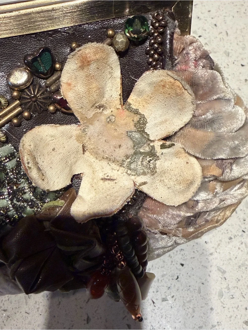 Mary Frances Olive Multi Ruffled Beaded Velvet Clutch